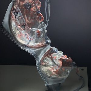 Baby blue sheer bra with pink floral embroidery